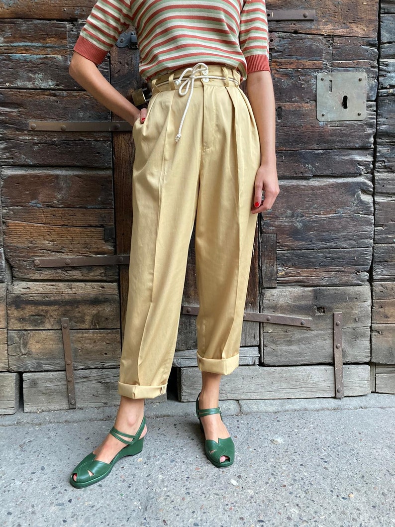 1950s Pants, Jeans, Jumpsuits- High Waist, Wide Leg, Capri, Pedal Pushers     Vintage 1950s Style Ecru Yellow Cotton Gabardine “Liz” Trousers Pants - size XSSMLXL  AT vintagedancer.com