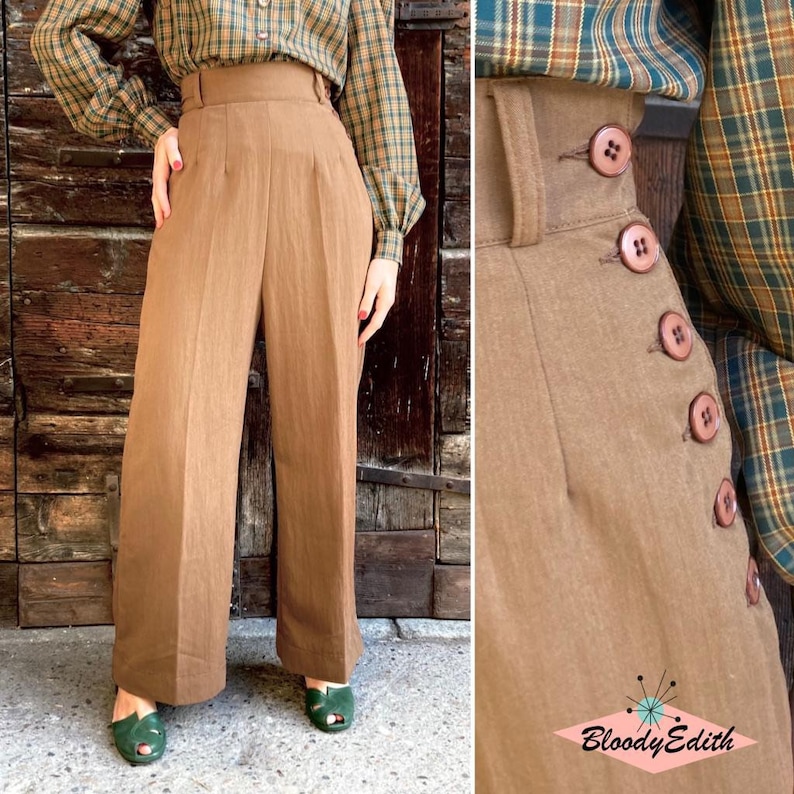 1930s Wide Leg Pants, Overalls, Beach Pajamas, Shorts     Vintage 1930s 1940s Style Caramel Brown Gabardine Pants - size XSSMLXL  AT vintagedancer.com