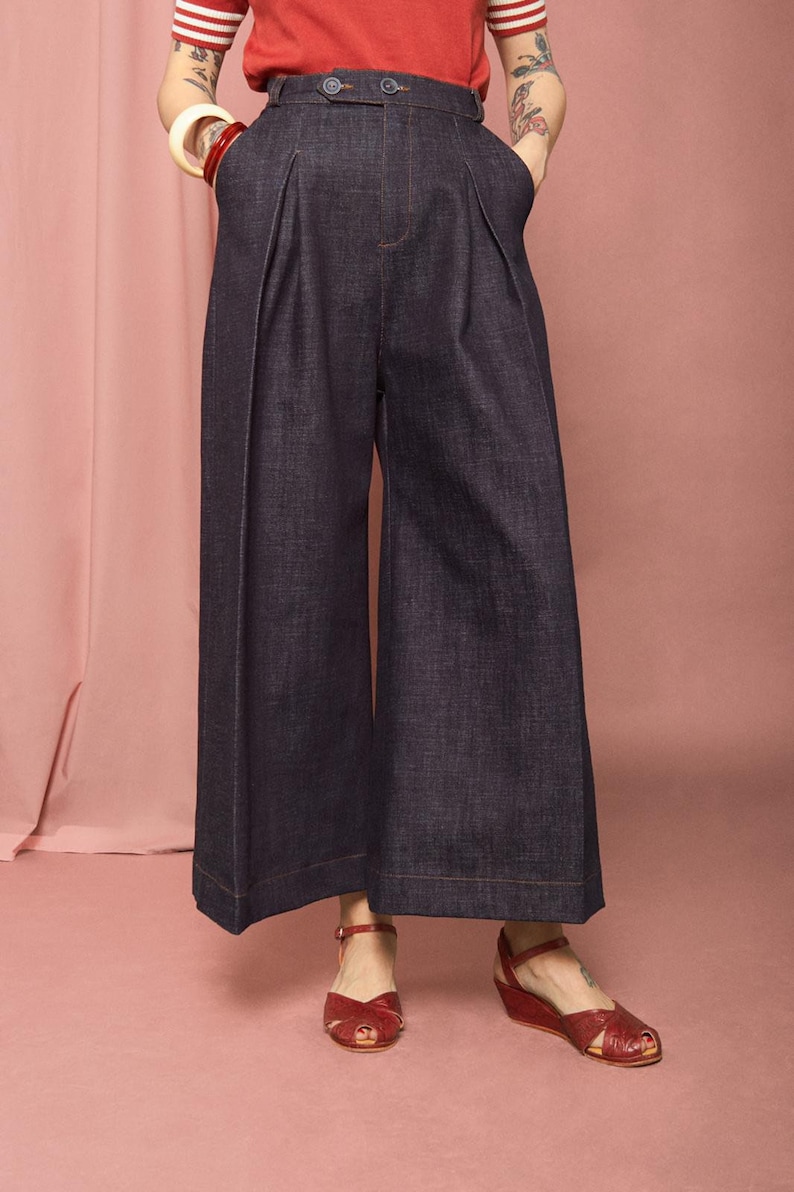 Vintage Wide Leg Pants & Beach Pajamas History     Vintage 1930s Style Blue Indigo Cotton Denim “Lily” Pants - size XSSMLXL  AT vintagedancer.com