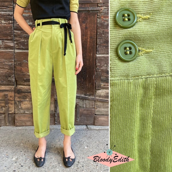 Vintage 1950s Style Lime Corduroy “Liz” Trousers Pants - size XS,S,M,L,XL