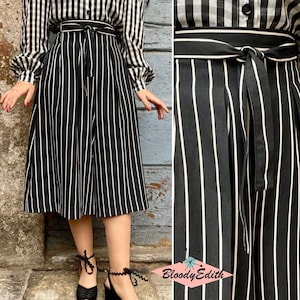 Vintage 1940s Style Black and White Pinstriped Rayon “Katharine” Culottes Skirt Pants - size XS,S,M,L,XL