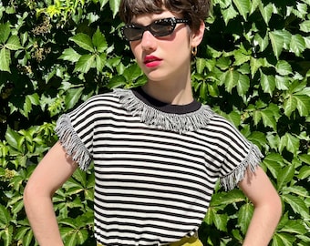 Vintage 1950s Inspired Striped Cotton Knit Fringe Sweater Top “Rita” by Bloody Edith – Size S–XL