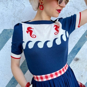 Vintage Sweater “Bianca” – 1940s 1950s Nautical Style Knit Jumper – Seahorse Wave Retro Cotton Top – Limited Edition – S M L