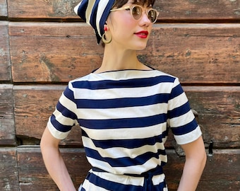 Vintage 1950s Style Striped Cotton “Jane” Top T-Shirt with Sash Belt & Bandana Scarf - Size S/M to L/XL