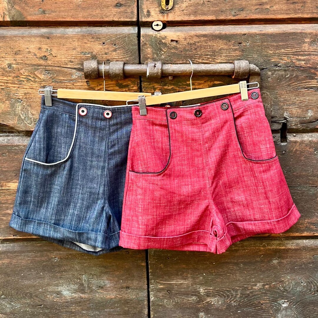 1950s Inspired Denim Shorts Retro High-Waist Sailor Style Two Color Size Xs to XL