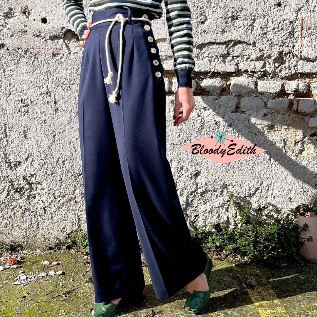 1930s–1940s Style Dark Blue Wool Gabardine Pants – Vintage