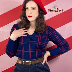 Vintage 1940s Style Windowpane Plaid Warm Woolen “Loretta” Sweater Jumper - size S,M,L