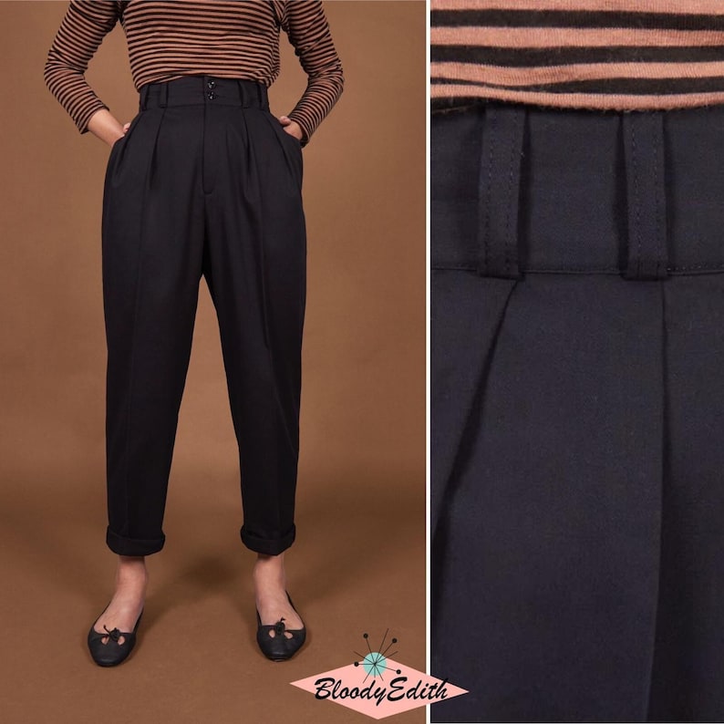 1950s Pants, Jeans, Jumpsuits- High Waist, Wide Leg, Capri, Pedal Pushers     Vintage 1950s Style Black Cotton Gabardine “Liz” Trousers Pants - size XSSML  AT vintagedancer.com