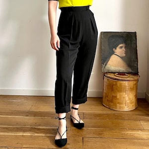 【50s】Euro Vintage 2tuck Black Trousers Unique Vintage 1950s Black Wide Leg Trousers