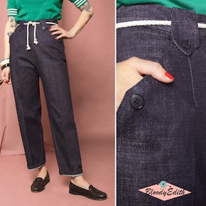 1950s Pants: Cigarette, Capri, Jeans Fashion History     Vintage 1940s 1950s Style Blue Denim Cotton “Peggy” Trousers Pants - size XSSMLXL  AT vintagedancer.com