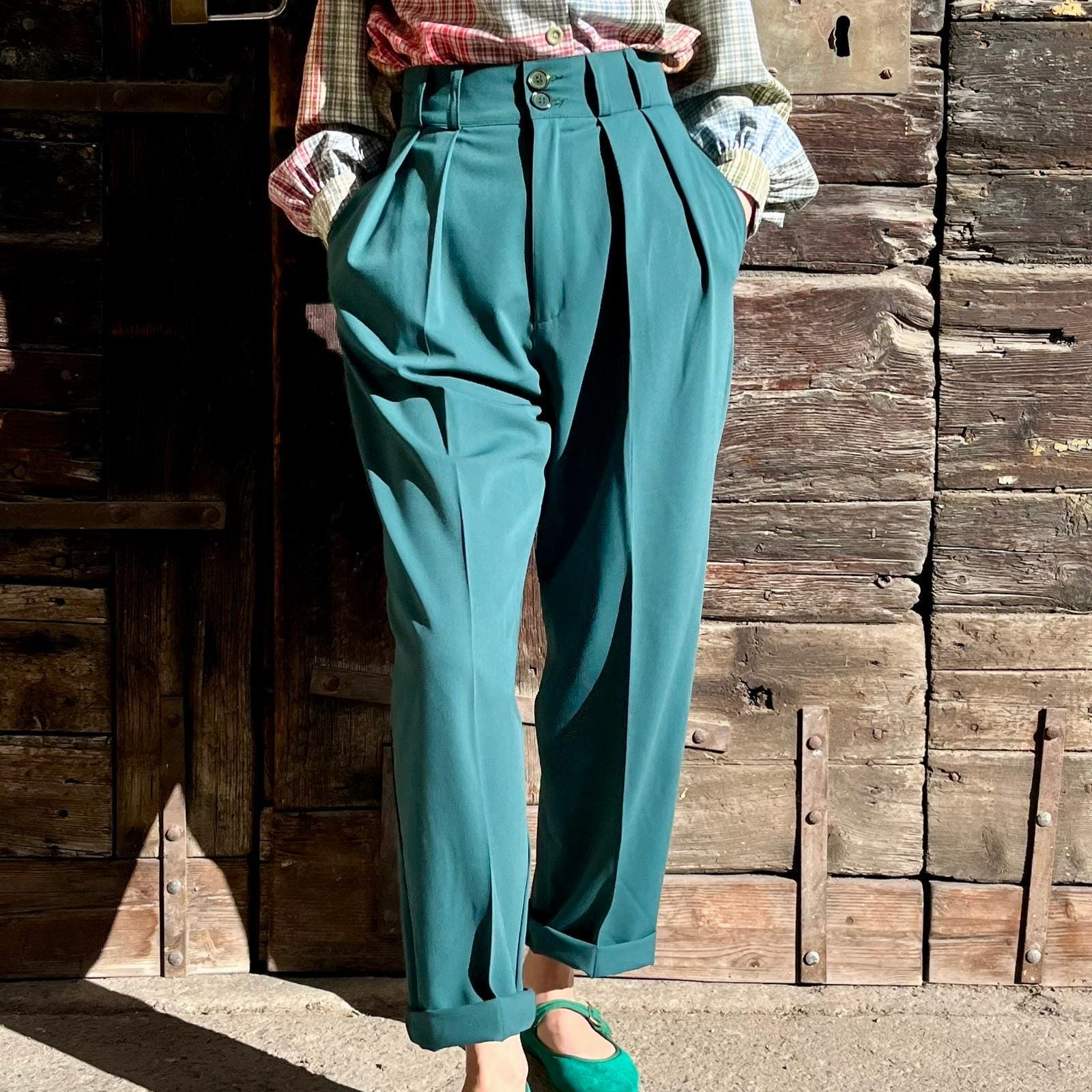 Vintage 1950s Style Deep Jungle Green Gabardine “liz” Trousers