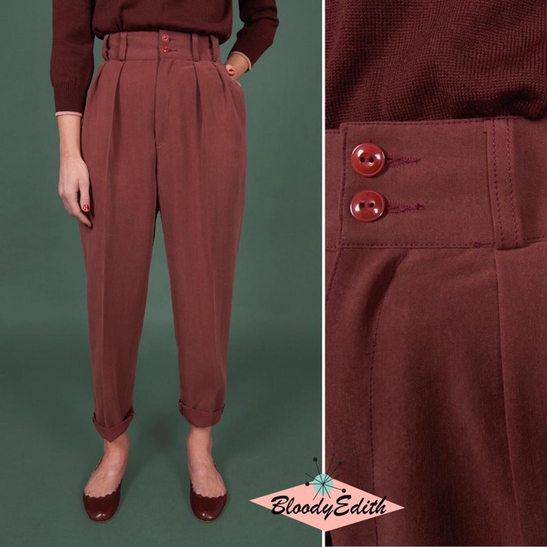 1950s Pants: Cigarette, Capri, Jeans Fashion History     Vintage 1950s Style Cordovan Red Gabardine “Liz” Trousers Pants - size XSSML  AT vintagedancer.com