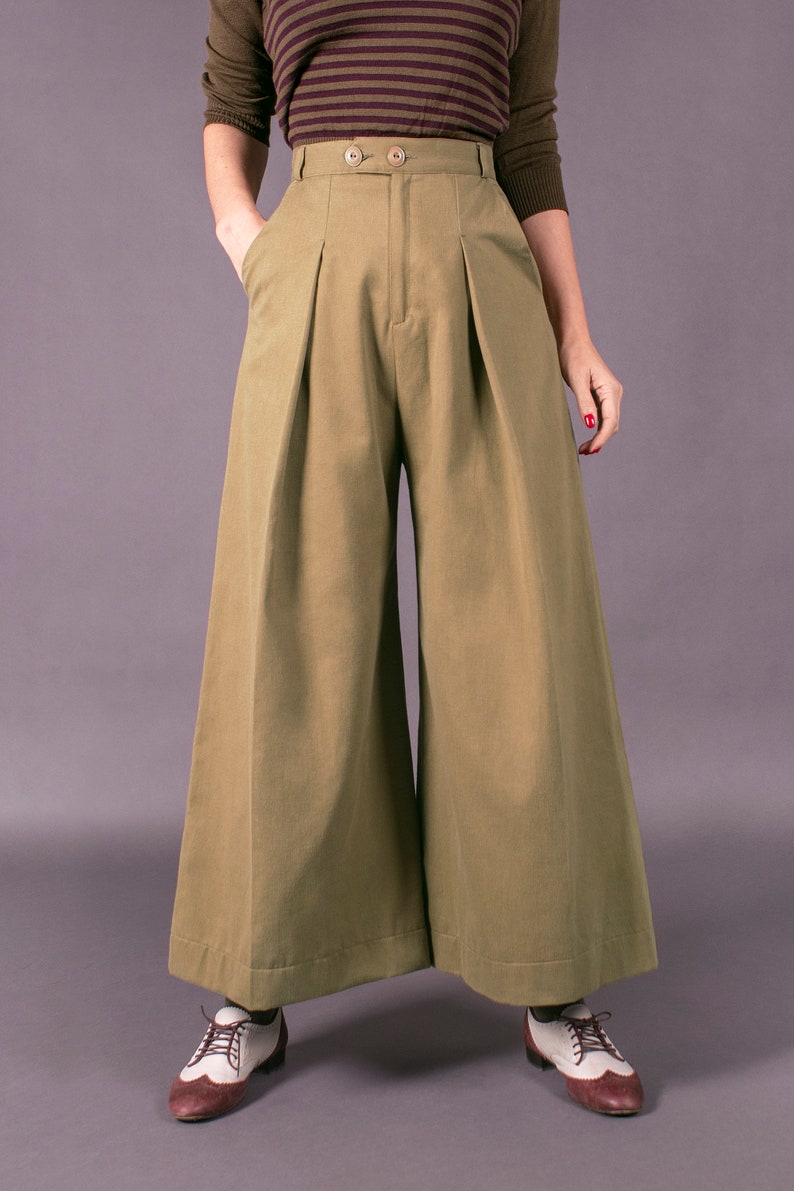 Vintage Wide Leg Pants & Beach Pajamas History Vintage 1930s Style Khaki Woolen Gabardine “Lily” Pants - size XSSMLXL  AT vintagedancer.com