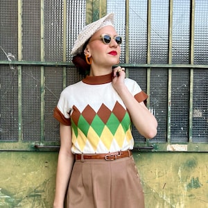 Vintage Harlequin Diamond Sweater “Kat” – 1940s 1950s Style Cotton Knit Jumper – Retro Limited Edition – Sizes S M L