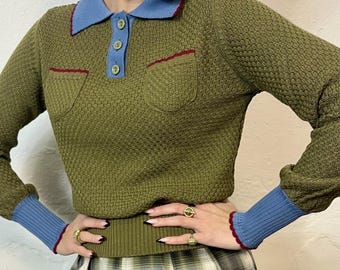 Vintage 1930s Style Woolen Knit "Brigitta" Polo Sweater  – Handmade Retro Style Jumper with Contrast Details - size S,M,L,XL