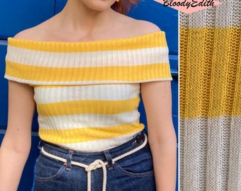 Vintage 1950s Style Yellow and Cream Stripes Ribbed Cotton “Cindy” Off Shoulders Top Shirt - size S,M,L
