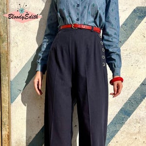 Vintage 1930s 1940s Style Navy Blue Woolen Gabardine Pants - size XS,S,M,L,XL