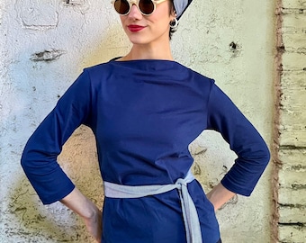 Vintage 1950s Style Blue Cotton “Jane” Top T-Shirt with Sash Belt & Bandana Scarf - Size S/M to L/XL