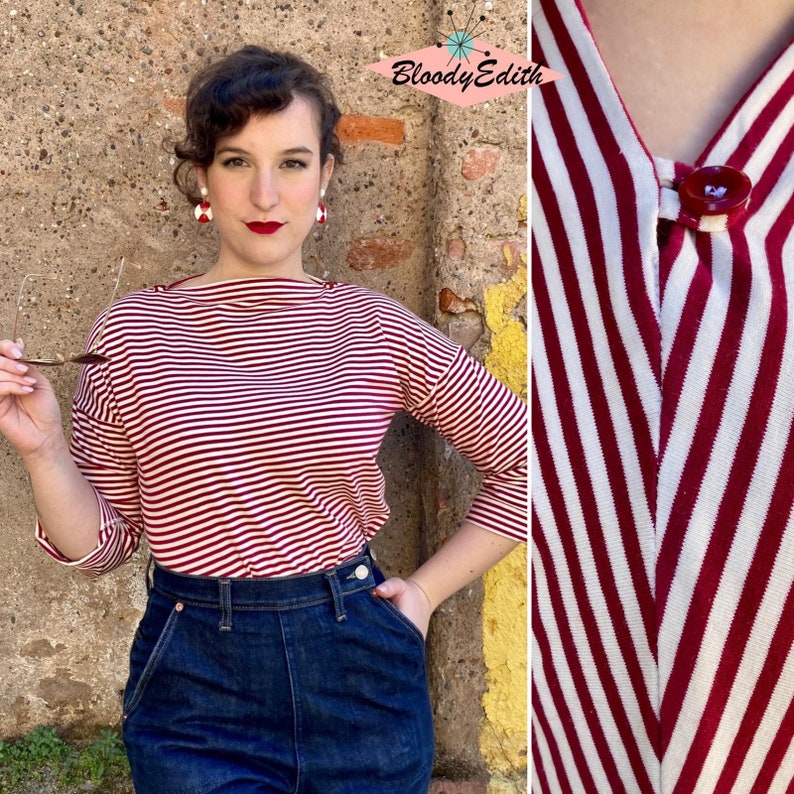 50s Shirts & Tops | 1950s Blouses & Knitwear     Vintage 1950s Style Cherry Red and Cream Striped Jersey Cotton “Patricia” T-Shirt - size SML  AT vintagedancer.com