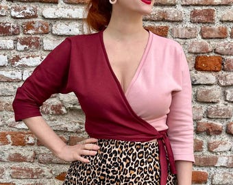Vintage 1950s Style Two Tone/Color Block Cotton “Alice” Wrap Top Blouse Shirt - Size S/M,L/XL