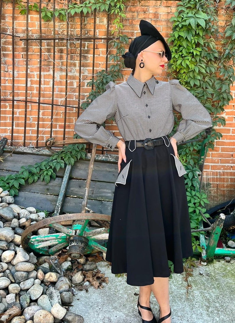 1930s Outfit Inspiration – Women’s Clothing Ideas     Vintage 1930s 1940s Style Striped Taffeta Limited Edition “Norah” Shirt - size S/MM/LL/XL  AT vintagedancer.com