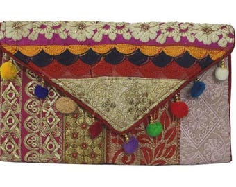 Handmade Ethnic Indian Antique Designer Embroidered Multi-color Sequins Hippie Boho Body Shoulder Handbag Wedding Party Clutch BAG110