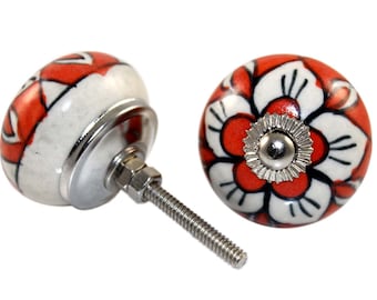 2 Pcs Indian Handmade Home Decore Antique Round Hand Printed Ceramic Door Knobs Kitchen, Deco Kids Dresser, Office Cabinet Door Puller DK046