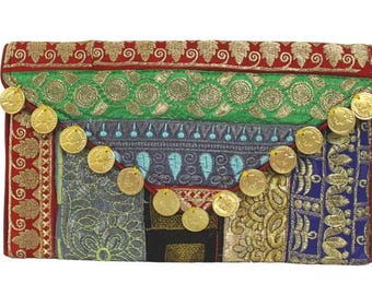 Handmade Ethnic Indian Antique Designer Gold Coin Envelope Clutch/Sling Bag with Zari Work for Girls/Women Wedding Party Clutch BAG114