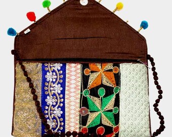 Handmade Ethnic Indian Antique Designer Gold Coin Envelope Clutch/Sling Bag with Zari Work for Girls/Women Wedding Party Clutch BAG115