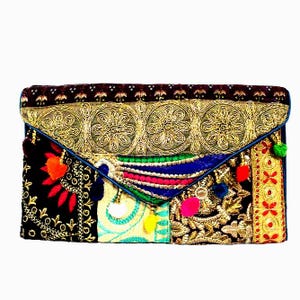 Bolso de mano estilo étnico indio antiguo, hecho a mano, con bordado de lentejuelas multicolor, estilo hippie bohemio, para boda o fiesta, BAG105