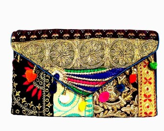 Handmade Ethnic Indian Antique Designer Embroidered Multi-color Sequins Hippie Boho Body Shoulder Handbag Wedding Party Clutch BAG105
