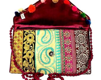 Handmade Ethnic Indian Antique Designer Embroidered Multi-color Sequins Hippie Boho Body Shoulder Handbag Wedding Party Clutch BAG118