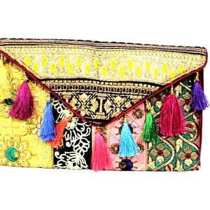 Bolso de mano estilo étnico indio antiguo, hecho a mano, con bordado de lentejuelas multicolor, estilo hippie bohemio, para boda o fiesta, BAG104