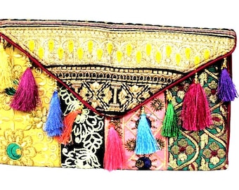 Handmade Ethnic Indian Antique Designer Embroidered Multi-color Sequins Hippie Boho Body Shoulder Handbag Wedding Party Clutch BAG104