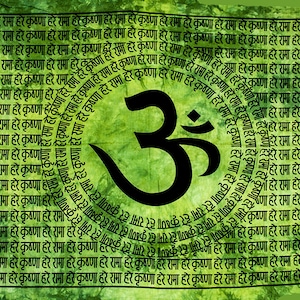 May include: A green and black mandala with the Sanskrit word Om in the centre. The mandala is surrounded by a circle of text in Hindi that reads "Hare Krishna Hare Rama Hare Krishna Hare Rama".