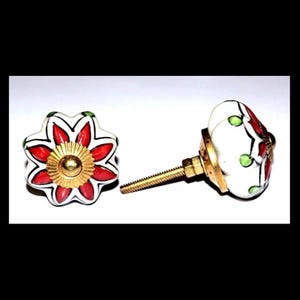 2 Stück indische runde Keramik-Türknäufe handgemachte traditionelle weiße Knöpfe Wohnkultur-Türgriff indischer gedruckter antiker Türschließer DK031