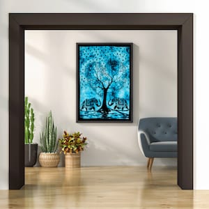 May include: A blue tapestry featuring a black tree and two elephants. The tree is shaped like a heart. The background is a light blue with white dots.
