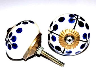 Round Handmade Indian Ceramic Door Knobs Traditional Black Knobs Home Decor Door Handle Indian Printed Antique 2 Pcs Door Closer DK054