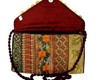 Handmade Ethnic Indian Antique Designer Gold Coin Envelope Clutch/Sling Bag with Zari Work for Girls/Women Wedding Party Clutch BAG116