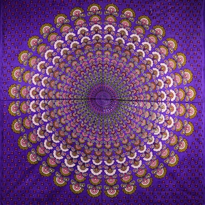 May include: Purple tapestry with a mandala design featuring a circular pattern of pink, white, and gold accents.