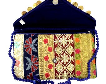 Handmade Ethnic Indian Antique Designer Gold Coin Envelope Clutch/Sling Bag with Zari Work for Girls/Women Wedding Party Clutch BAG111