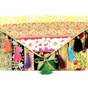 Bolso de mano estilo étnico indio antiguo, hecho a mano, con bordado de lentejuelas multicolor, estilo hippie bohemio, para boda, fiesta, bolso de mano BAG122