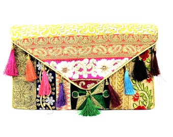 Handmade Ethnic Indian Antique Designer Embroidered Multi-color Sequins Hippie Boho Body Shoulder Handbag Wedding Party Clutch BAG122