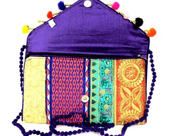 Handmade Ethnic Indian Antique Designer Embroidered Multi-color Sequins Hippie Boho Body Shoulder Handbag Wedding Party Clutch BAG124