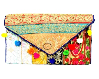 Handmade Ethnic Indian Antique Designer Embroidered Multi-color Sequins Hippie Boho Body Shoulder Handbag Wedding Party Clutch BAG127