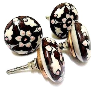 Handmade Indian Round Hand Printed Ceramic Doorknob Home Decore Antique Kitchen, Deco Kids Dresser, Office Cabinet Door Puller 4 Pcs DK047
