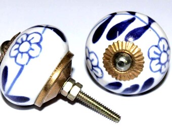 2 Pcs Doorknobs Blue Color Round Ceramic Handmade Indian Traditional Knobs Door Handle Indian Printed Antique Door Closer DK069