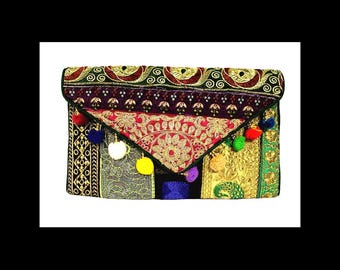 Handmade Ethnic Indian Antique Designer Embroidered Multi-color Sequins Hippie Boho Body Shoulder Handbag Wedding Party Clutch BAG107