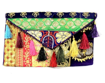 Handmade Ethnic Indian Antique Designer Embroidered Multi-color Sequins Hippie Boho Body Shoulder Handbag Wedding Party Clutch BAG128