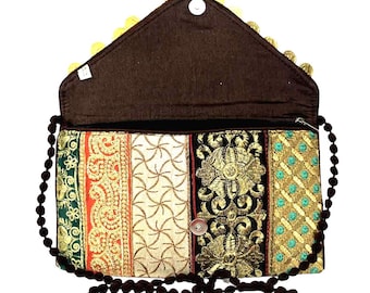 Handmade Ethnic Indian Antique Designer Gold Coin Envelope Clutch/Sling Bag with Zari Work for Girls/Women Wedding Party Clutch BAG102
